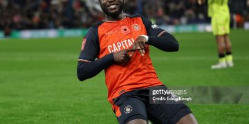LUTON, ENGLAND - OCTOBER 31:  Gideon Kodua of Luton Town  celebrates the winning goal during the Emirates FA Cup First Round match between Luton Town and Forest Green Rovers on October 31, 2025 in Luton, England. (Photo by Eddie Keogh/Getty Images)