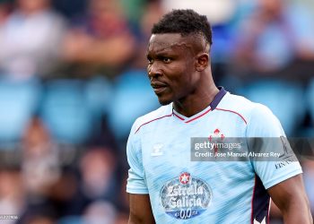 VIGO, SPAIN - JANUARY 03:  Joseph Aidoo of RC Celta de Vigo looks on during the LaLiga EA Sports match between RC Celta de Vigo and Valencia CF at Estadio Abanca-Balaidos on January 03, 2026 in Vigo, Spain. (Photo by Jose Manuel Alvarez Rey/Getty Images)