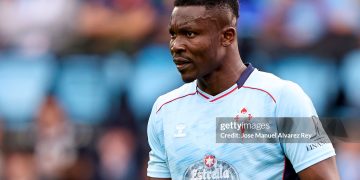 VIGO, SPAIN - JANUARY 03:  Joseph Aidoo of RC Celta de Vigo looks on during the LaLiga EA Sports match between RC Celta de Vigo and Valencia CF at Estadio Abanca-Balaidos on January 03, 2026 in Vigo, Spain. (Photo by Jose Manuel Alvarez Rey/Getty Images)
