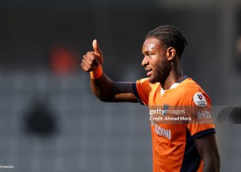 ISTANBUL, TURKEY - JANUARY 18: Jerome Opoku of Basaksehir gestures during the Turkish Super League match between Istanbul Basaksehir and Rizespor at Basaksehir Fatih Terim Stadium on January 18, 2025 in Istanbul, Turkey. (Photo by Ahmad Mora/Getty Images)