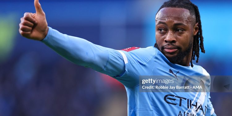 MANCHESTER, ENGLAND - JANUARY 10: Antoine Semenyo of Manchester City during the Emirates FA Cup Third Round match between Manchester City and Exeter City on January 10, 2026 in Manchester, England. (Photo by Robbie Jay Barratt - AMA/Getty Images)