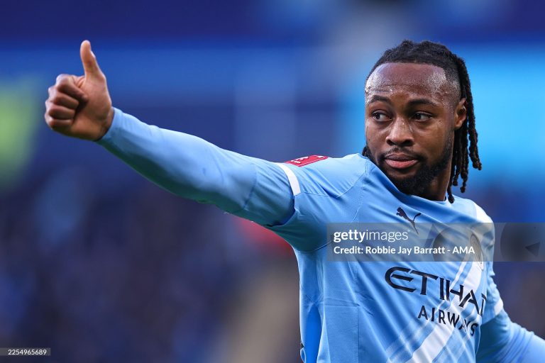 MANCHESTER, ENGLAND - JANUARY 10: Antoine Semenyo of Manchester City during the Emirates FA Cup Third Round match between Manchester City and Exeter City on January 10, 2026 in Manchester, England. (Photo by Robbie Jay Barratt - AMA/Getty Images)