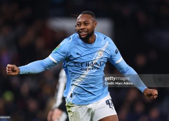 MANCHESTER, ENGLAND - FEBRUARY 04: Antoine Semenyo of Manchester City celebrates during the Carabao Cup Semi Final Second Leg match between Manchester City and Newcastle United at Etihad Stadium on February 04, 2026 in Manchester, England. (Photo by Marc Atkins/Getty Images)