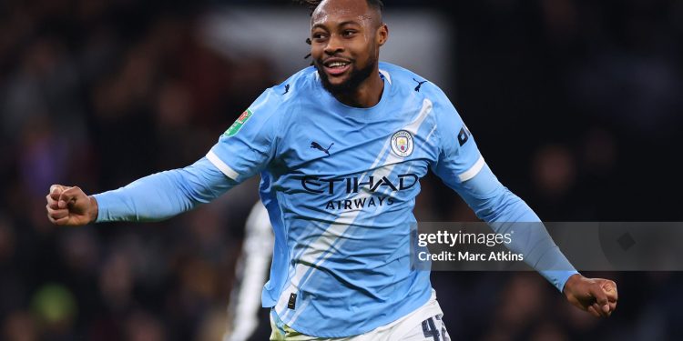 MANCHESTER, ENGLAND - FEBRUARY 04: Antoine Semenyo of Manchester City celebrates during the Carabao Cup Semi Final Second Leg match between Manchester City and Newcastle United at Etihad Stadium on February 04, 2026 in Manchester, England. (Photo by Marc Atkins/Getty Images)