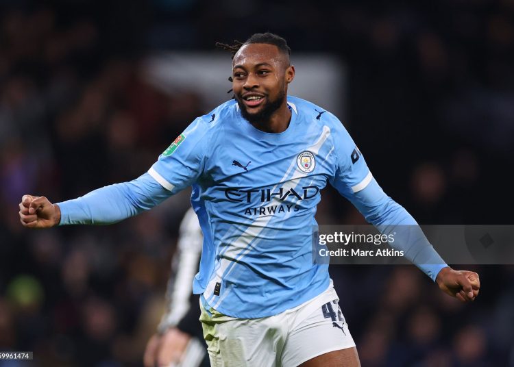 MANCHESTER, ENGLAND - FEBRUARY 04: Antoine Semenyo of Manchester City celebrates during the Carabao Cup Semi Final Second Leg match between Manchester City and Newcastle United at Etihad Stadium on February 04, 2026 in Manchester, England. (Photo by Marc Atkins/Getty Images)