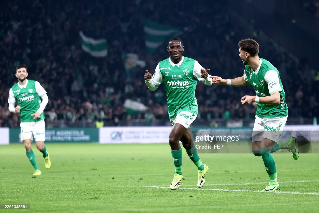 20 Augustine BOAKYE (asse) during the Ligue 2 BKT match between Saint-Etienne and Laval at Stade Geoffroy-Guichard on February 21, 2026 in Saint-Etienne, France. (Photo by Alex Martin/FEP/Icon Sport via Getty Images)