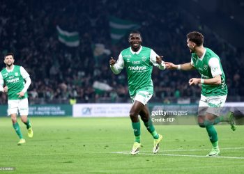 20 Augustine BOAKYE (asse) during the Ligue 2 BKT match between Saint-Etienne and Laval at Stade Geoffroy-Guichard on February 21, 2026 in Saint-Etienne, France. (Photo by Alex Martin/FEP/Icon Sport via Getty Images)