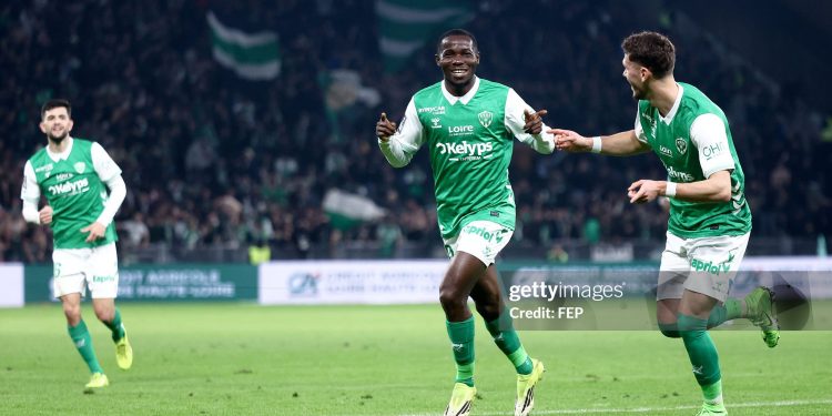 20 Augustine BOAKYE (asse) during the Ligue 2 BKT match between Saint-Etienne and Laval at Stade Geoffroy-Guichard on February 21, 2026 in Saint-Etienne, France. (Photo by Alex Martin/FEP/Icon Sport via Getty Images)