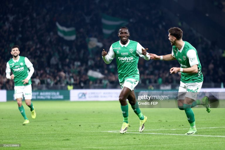20 Augustine BOAKYE (asse) during the Ligue 2 BKT match between Saint-Etienne and Laval at Stade Geoffroy-Guichard on February 21, 2026 in Saint-Etienne, France. (Photo by Alex Martin/FEP/Icon Sport via Getty Images)