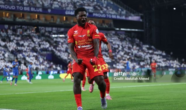 RIYADH, SAUDI ARABIA - SEPTEMBER 13: Christopher Bonsu Baah of Team Al-Qadsiah FC celebrates scoring their first goal during the Saudi Pro League match between Al Hilal and Al Qadsiah at Kingdom Arena on September 13, 2025 in Riyadh, Saudi Arabia. (Photo by Abdullah Ahmed/Getty Images)