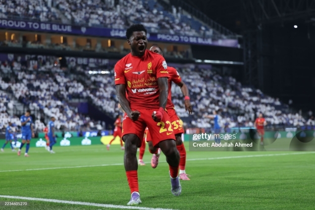 RIYADH, SAUDI ARABIA - SEPTEMBER 13: Christopher Bonsu Baah of Team Al-Qadsiah FC celebrates scoring their first goal during the Saudi Pro League match between Al Hilal and Al Qadsiah at Kingdom Arena on September 13, 2025 in Riyadh, Saudi Arabia. (Photo by Abdullah Ahmed/Getty Images)