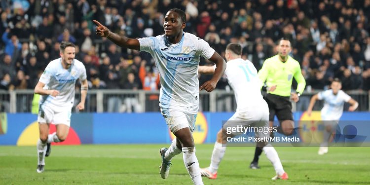 RIJEKA, CROATIA - DECEMBER 11: Daniel Adu-Adjei of Rijeka celebrates after scoring his team's first goal during the UEFA Conference League 2025/26 League Phase MD5 match between HNK Rijeka and NK Celje at Stadion HNK Rijeka on December 11, 2025 in Rijeka, Croatia. (Photo by Goran Kovacic/Pixsell/MB Media/Getty Images)