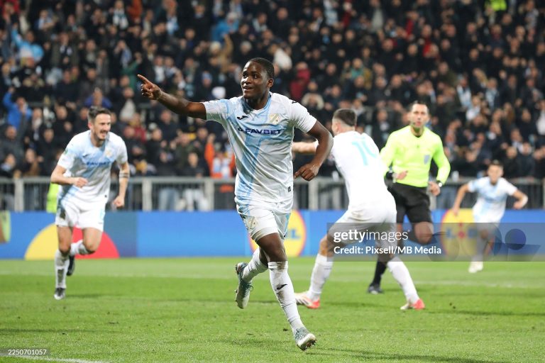 RIJEKA, CROATIA - DECEMBER 11: Daniel Adu-Adjei of Rijeka celebrates after scoring his team's first goal during the UEFA Conference League 2025/26 League Phase MD5 match between HNK Rijeka and NK Celje at Stadion HNK Rijeka on December 11, 2025 in Rijeka, Croatia. (Photo by Goran Kovacic/Pixsell/MB Media/Getty Images)