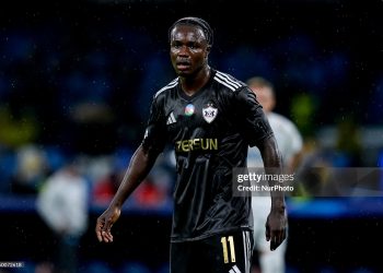 Emmanuel Addai of Qarabag FK looks on during the UEFA Champions League 2025/26 League Phase MD5 match between SSC Napoli and Qarabag FK at Stadio Diego Armando Maradona on November 25, 2025 in Naples, Italy. (Photo by Giuseppe Maffia/NurPhoto via Getty Images)