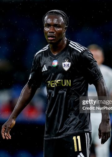 Emmanuel Addai of Qarabag FK looks on during the UEFA Champions League 2025/26 League Phase MD5 match between SSC Napoli and Qarabag FK at Stadio Diego Armando Maradona on November 25, 2025 in Naples, Italy. (Photo by Giuseppe Maffia/NurPhoto via Getty Images)