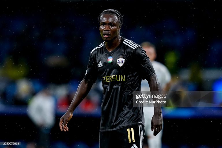 Emmanuel Addai of Qarabag FK looks on during the UEFA Champions League 2025/26 League Phase MD5 match between SSC Napoli and Qarabag FK at Stadio Diego Armando Maradona on November 25, 2025 in Naples, Italy. (Photo by Giuseppe Maffia/NurPhoto via Getty Images)