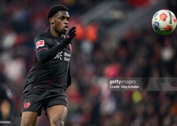 LEVERKUSEN, GERMANY - FEBRUARY 14: Ernest Poku of Leverkusen controls the ball during the Bundesliga match between Bayer 04 Leverkusen and FC St. Pauli at BayArena on February 14, 2026 in Leverkusen, Germany. (Photo by Jörg Schüler/Bayer 04 Leverkusen via Getty Images)