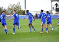 LEICESTER, ENGLAND - OCTOBER 28: Kirsten Otchere of Leicester City celebrates scoring the first goal for Leicester City with Kaleb Dyke of Leicester City, Liam McAlinney of Leicester City, Jayden Joseph of Leicester City and Tommy Neale of Leicester City during the Leicester City U18 v Southampton U18 match at Leicester City Training Ground, Seagrave on October 28, 2023 in Leicester, United Kingdom. (Photo by Plumb Images/Leicester City FC via Getty Images)