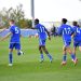 LEICESTER, ENGLAND - OCTOBER 28: Kirsten Otchere of Leicester City celebrates scoring the first goal for Leicester City with Kaleb Dyke of Leicester City, Liam McAlinney of Leicester City, Jayden Joseph of Leicester City and Tommy Neale of Leicester City during the Leicester City U18 v Southampton U18 match at Leicester City Training Ground, Seagrave on October 28, 2023 in Leicester, United Kingdom. (Photo by Plumb Images/Leicester City FC via Getty Images)