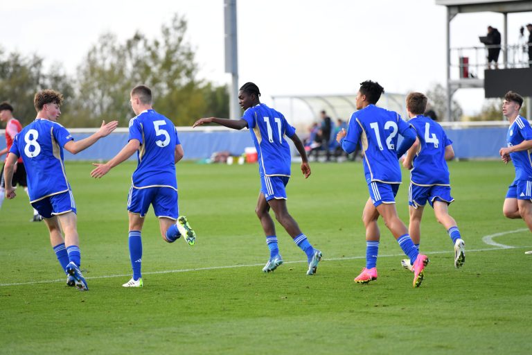 LEICESTER, ENGLAND - OCTOBER 28: Kirsten Otchere of Leicester City celebrates scoring the first goal for Leicester City with Kaleb Dyke of Leicester City, Liam McAlinney of Leicester City, Jayden Joseph of Leicester City and Tommy Neale of Leicester City during the Leicester City U18 v Southampton U18 match at Leicester City Training Ground, Seagrave on October 28, 2023 in Leicester, United Kingdom. (Photo by Plumb Images/Leicester City FC via Getty Images)