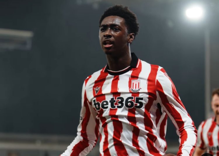 Jerusan Rak-Sakyi celebrates Stoke City's debut goal against Oxford United