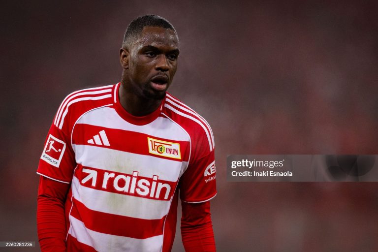 BERLIN, GERMANY - FEBRUARY 06: Ilyas Ansah of 1. FC Union Berlin looks on during the Bundesliga match between 1. FC Union Berlin and Eintracht Frankfurt at Stadion An der Alten Foersterei on February 06, 2026 in Berlin, Germany. (Photo by Inaki Esnaola/Getty Images)