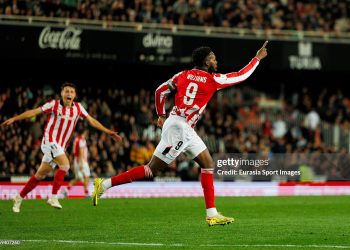 VALENCIA, SPAIN - FEBRUARY 4: Iñaki Williams of Athletic Club celebrates his goal during the Copa Del Rey match between Valencia CF and Athletic Club de Bilbao at Estadio Mestalla on February 4, 2026 in Valencia, Spain. (Photo by Maciej Rogowski/Eurasia Sport Images/Getty Images)