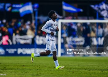 SAN JOSE, CALIFORNIA - FEBRUARY 21: Kwaku Agyabeng #20 of Sporting Kansas City enters the pitch during the MLS match between San Jose Earthquakes and Sporting Kansas City at PayPal Park on February 21, 2026 in San Jose, California. (Photo by Alex Lorenzo - Sporting Kansas City/MLS via Getty Images)