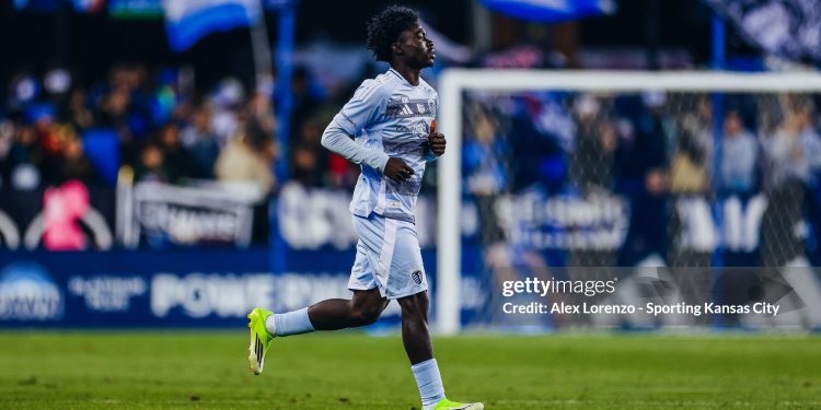 SAN JOSE, CALIFORNIA - FEBRUARY 21: Kwaku Agyabeng #20 of Sporting Kansas City enters the pitch during the MLS match between San Jose Earthquakes and Sporting Kansas City at PayPal Park on February 21, 2026 in San Jose, California. (Photo by Alex Lorenzo - Sporting Kansas City/MLS via Getty Images)