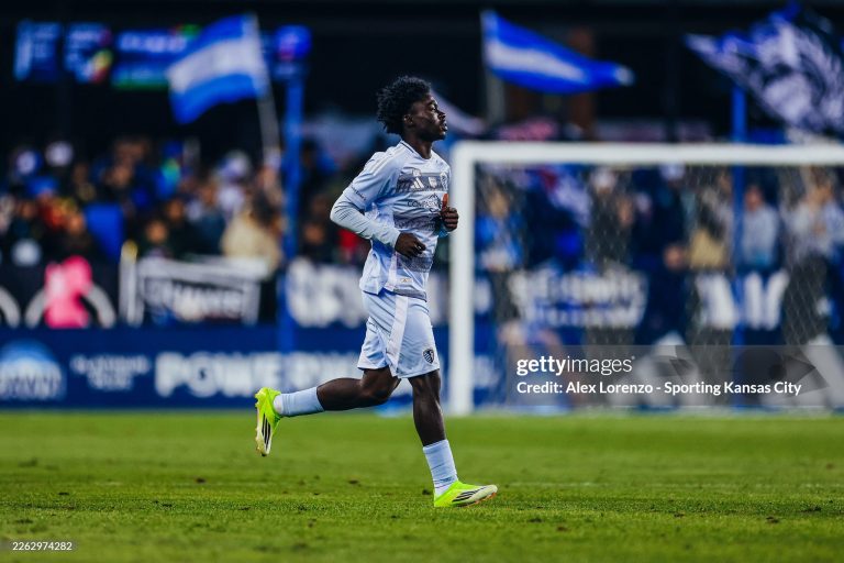 SAN JOSE, CALIFORNIA - FEBRUARY 21: Kwaku Agyabeng #20 of Sporting Kansas City enters the pitch during the MLS match between San Jose Earthquakes and Sporting Kansas City at PayPal Park on February 21, 2026 in San Jose, California. (Photo by Alex Lorenzo - Sporting Kansas City/MLS via Getty Images)