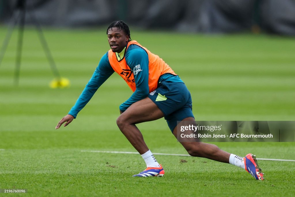 BOURNEMOUTH, ENGLAND - JANUARY 28: Matai Akinmboni of Bournemouth during a training session at Vitality Stadium on January 28, 2025 in Bournemouth, England. (Photo by Robin Jones - AFC Bournemouth/AFC Bournemouth via Getty Images)