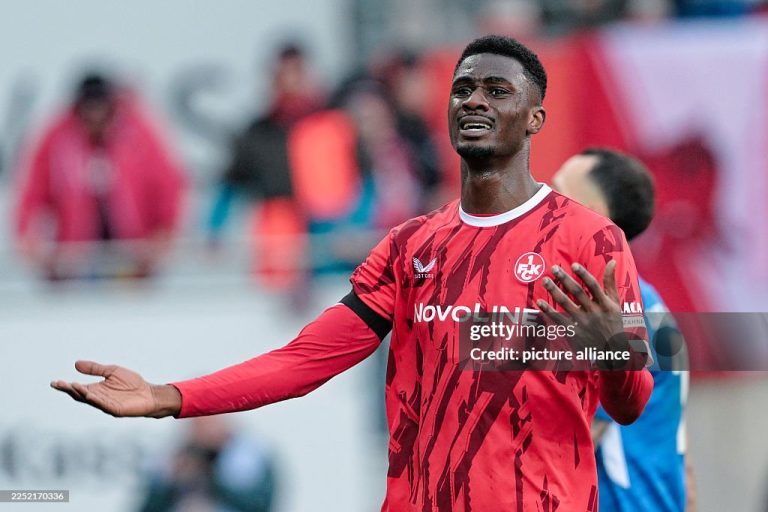20 December 2025, Rhineland-Palatinate, Kaiserslautern: Soccer, Bundesliga 2, 1. FC Kaiserslautern - 1. FC Magdeburg, Matchday 17, Fritz-Walter-Stadion. Maxwell Gyamfi (1. FC Kaiserslautern) gestures. The match ended 2:3. Photo: Uwe Anspach/dpa - IMPORTANT NOTE: In accordance with the regulations of the DFL German Football League and the DFB German Football Association, it is prohibited to utilize or have utilized photographs taken in the stadium and/or of the match in the form of sequential images and/or video-like photo series. (Photo by Uwe Anspach/picture alliance via Getty Images)