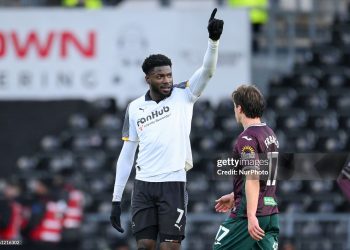 Patrick Agyemang of Derby County celebrates after scoring a goal to make it 2-0 during the Sky Bet Championship Fourth Round match between Derby County and Swansea City at the Pride Park in Derby, on February 14, 2026. (Photo by Jon Hobley/MI News/NurPhoto via Getty Images)