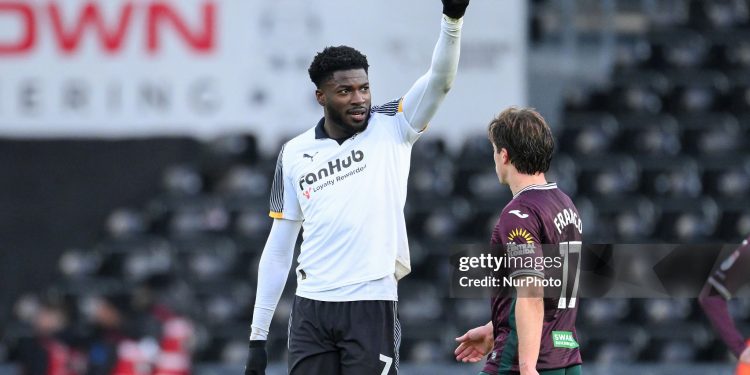Patrick Agyemang of Derby County celebrates after scoring a goal to make it 2-0 during the Sky Bet Championship Fourth Round match between Derby County and Swansea City at the Pride Park in Derby, on February 14, 2026. (Photo by Jon Hobley/MI News/NurPhoto via Getty Images)