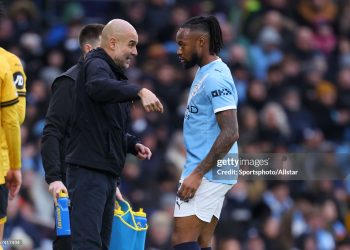 MANCHESTER, ENGLAND - JANUARY 24: Pep Guardiola, Manager of Manchester City speaks to Antoine Semenyo of Manchester City on the side line during the Premier League match between Manchester City and Wolverhampton Wanderers at Etihad Stadium on January 24, 2026 in Manchester, England. (Photo by Ed Sykes/Sportsphoto/Allstar via Getty Images)