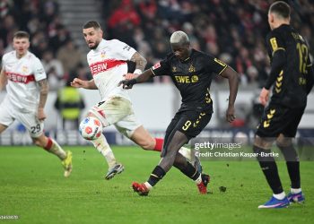 STUTTGART, GERMANY - FEBRUARY 14: Ragnar Ache of 1. FC Koln score his team's first goal during the Bundesliga match between VfB Stuttgart and 1. FC Köln at MHPArena on February 14, 2026 in Stuttgart, Germany. (Photo by Christian Kaspar-Bartke/Getty Images)