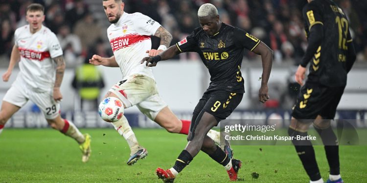 STUTTGART, GERMANY - FEBRUARY 14: Ragnar Ache of 1. FC Koln score his team's first goal during the Bundesliga match between VfB Stuttgart and 1. FC Köln at MHPArena on February 14, 2026 in Stuttgart, Germany. (Photo by Christian Kaspar-Bartke/Getty Images)