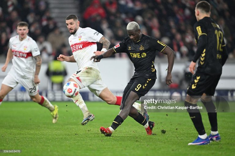 STUTTGART, GERMANY - FEBRUARY 14: Ragnar Ache of 1. FC Koln score his team's first goal during the Bundesliga match between VfB Stuttgart and 1. FC Köln at MHPArena on February 14, 2026 in Stuttgart, Germany. (Photo by Christian Kaspar-Bartke/Getty Images)