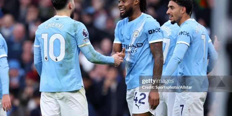 MANCHESTER, ENGLAND - JANUARY 24: Antoine Semenyo of Manchester City celebrates with teammate Rayan Cherki after scoring his team's second goal during the Premier League match between Manchester City and Wolverhampton Wanderers at Etihad Stadium on January 24, 2026 in Manchester, England. (Photo by Ed Sykes/Sportsphoto/Allstar via Getty Images)