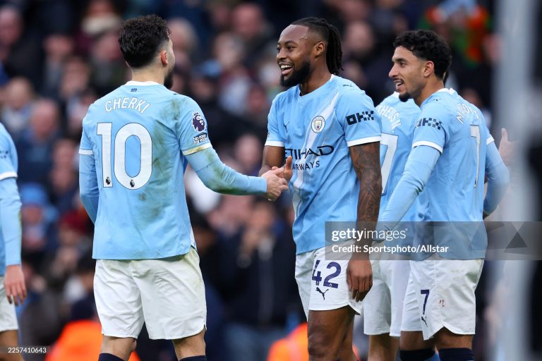MANCHESTER, ENGLAND - JANUARY 24: Antoine Semenyo of Manchester City celebrates with teammate Rayan Cherki after scoring his team's second goal during the Premier League match between Manchester City and Wolverhampton Wanderers at Etihad Stadium on January 24, 2026 in Manchester, England. (Photo by Ed Sykes/Sportsphoto/Allstar via Getty Images)