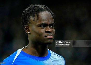 Tyrique George of Chelsea FC warms up before the UEFA Champions League match between SSC Napoli and Chelsea FC at Stadio Diego Armando Maradona Naples Italy on 28 January 2026. (Photo by Franco Romano/NurPhoto via Getty Images)