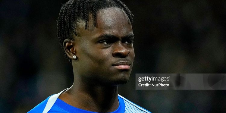 Tyrique George of Chelsea FC warms up before the UEFA Champions League match between SSC Napoli and Chelsea FC at Stadio Diego Armando Maradona Naples Italy on 28 January 2026. (Photo by Franco Romano/NurPhoto via Getty Images)