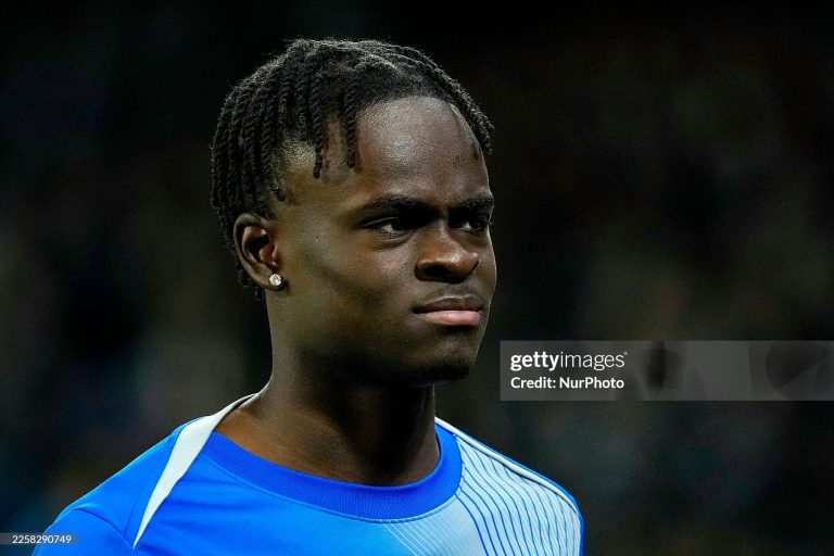 Tyrique George of Chelsea FC warms up before the UEFA Champions League match between SSC Napoli and Chelsea FC at Stadio Diego Armando Maradona Naples Italy on 28 January 2026. (Photo by Franco Romano/NurPhoto via Getty Images)