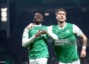 09 Lucas STASSIN (asse) - 20 Augustine BOAKYE (asse) during the Ligue 2 BKT match between Saint-Etienne and Laval at Stade Geoffroy-Guichard on February 21, 2026 in Saint-Etienne, France. (Photo by Alex Martin/FEP/Icon Sport via Getty Images)