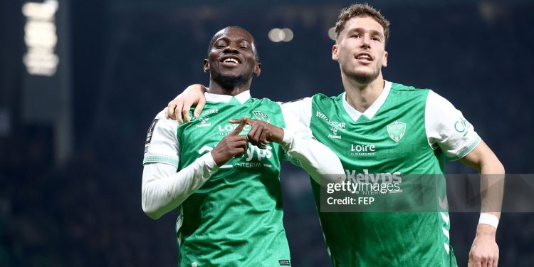 09 Lucas STASSIN (asse) - 20 Augustine BOAKYE (asse) during the Ligue 2 BKT match between Saint-Etienne and Laval at Stade Geoffroy-Guichard on February 21, 2026 in Saint-Etienne, France. (Photo by Alex Martin/FEP/Icon Sport via Getty Images)