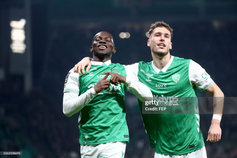 09 Lucas STASSIN (asse) - 20 Augustine BOAKYE (asse) during the Ligue 2 BKT match between Saint-Etienne and Laval at Stade Geoffroy-Guichard on February 21, 2026 in Saint-Etienne, France. (Photo by Alex Martin/FEP/Icon Sport via Getty Images)