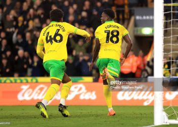 NORWICH, ENGLAND - MARCH 11: Forson Amankwah of Norwich City celebrates scoring their second goal with Errol Mundle-Smith of Norwich City during the Sky Bet Championship match between Norwich City and Sheffield United at Carrow Road on March 11, 2026 in Norwich, England. (Photo by Stephen Pond/Getty Images)