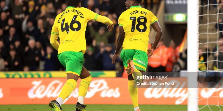 NORWICH, ENGLAND - MARCH 11: Forson Amankwah of Norwich City celebrates scoring their second goal with Errol Mundle-Smith of Norwich City during the Sky Bet Championship match between Norwich City and Sheffield United at Carrow Road on March 11, 2026 in Norwich, England. (Photo by Stephen Pond/Getty Images)