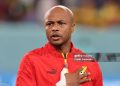 AL WAKRAH, QATAR - DECEMBER 02: Andre Ayew of Ghana reacts during the line up for the National anthems prior to kick off in the FIFA World Cup Qatar 2022 Group H match between Ghana and Uruguay at Al Janoub Stadium on December 02, 2022 in Al Wakrah, Qatar. (Photo by Youssef Loulidi/Fantasista/Getty Images)