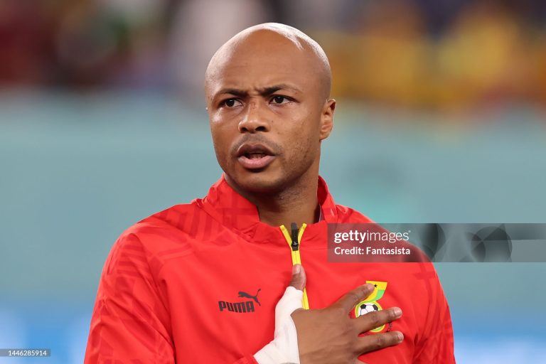 AL WAKRAH, QATAR - DECEMBER 02: Andre Ayew of Ghana reacts during the line up for the National anthems prior to kick off in the FIFA World Cup Qatar 2022 Group H match between Ghana and Uruguay at Al Janoub Stadium on December 02, 2022 in Al Wakrah, Qatar. (Photo by Youssef Loulidi/Fantasista/Getty Images)